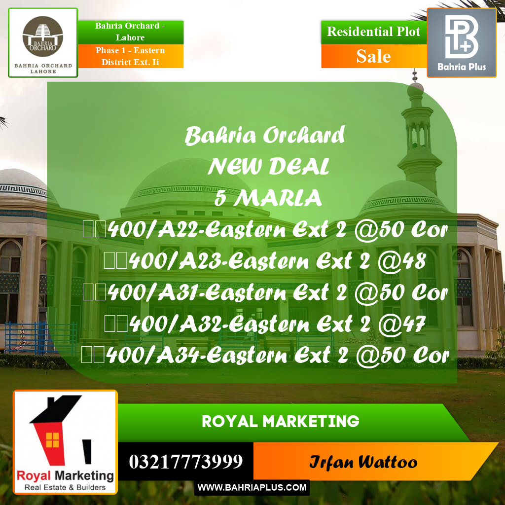 Residential Plot for Sale in Phase 1 - Eastern District Ext. II -  Bahria Orchard, Lahore - (BP-164329)