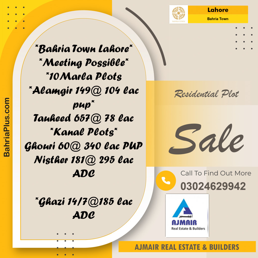 Residential Plot for Sale in Sector F - Alamgir Block -  Bahria Town, Lahore - (BP-164489)