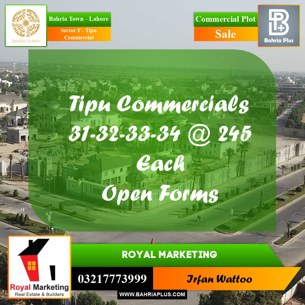 Commercial Plot for Sale in Sector F - Tipu Commercial -  Bahria Town, Lahore - (BP-164653)