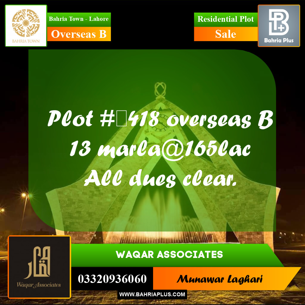Residential Plot for Sale in Overseas B -  Bahria Town, Lahore - (BP-164681)