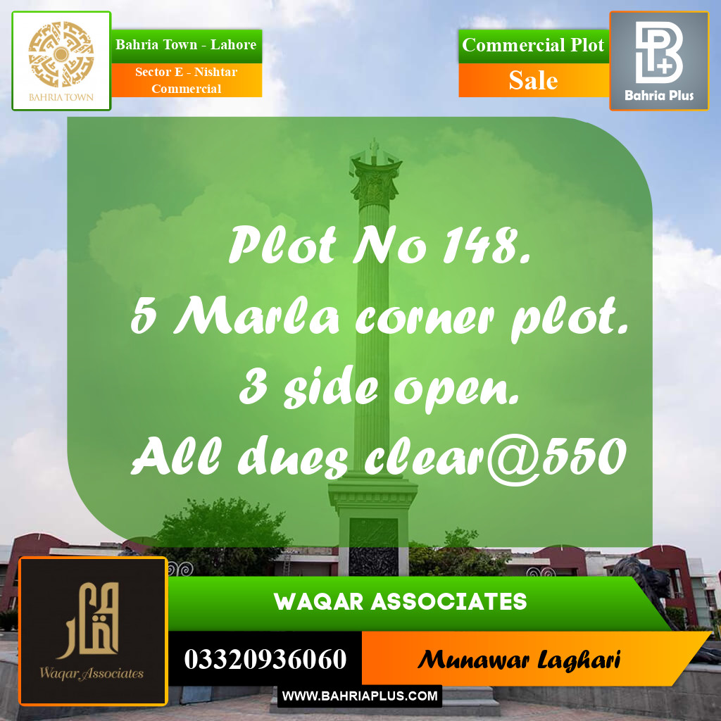 Commercial Plot for Sale in Sector E - Nishtar Commercial -  Bahria Town, Lahore - (BP-164701)