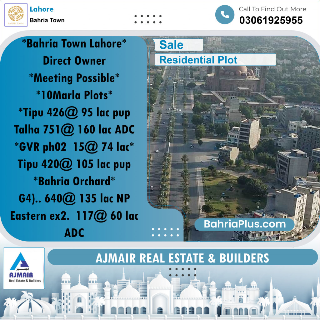 Residential Plot for Sale in Sector F - Tipu Sultan Block -  Bahria Town, Lahore - (BP-164714)