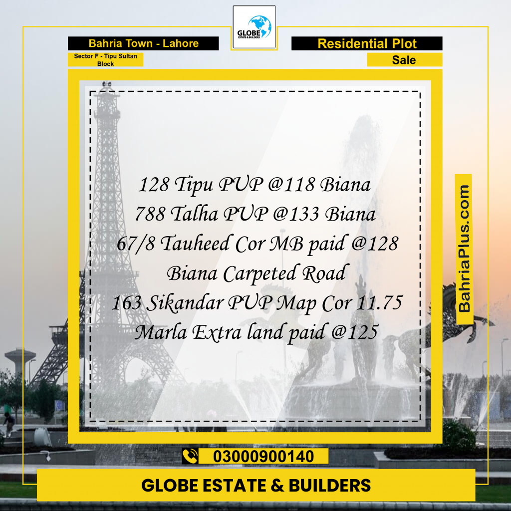 Residential Plot for Sale in Sector F - Tipu Sultan Block -  Bahria Town, Lahore - (BP-164852)