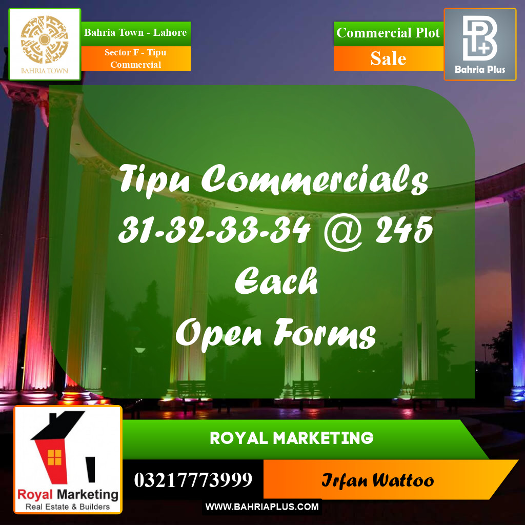 Commercial Plot for Sale in Sector F - Tipu Commercial -  Bahria Town, Lahore - (BP-164914)