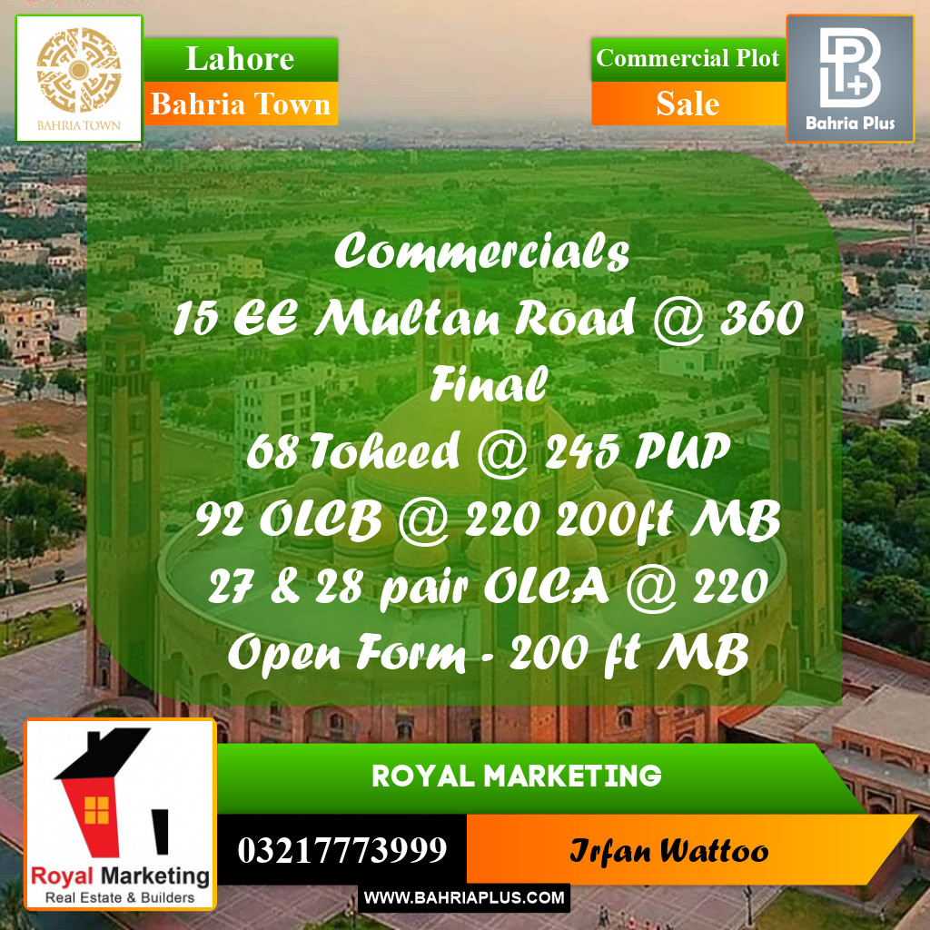 Commercial Plot for Sale in Sector D - EE Multan Block -  Bahria Town, Lahore - (BP-165224)