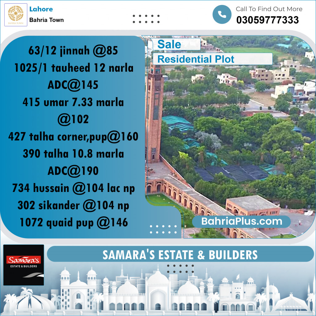 Residential Plot for Sale in Sector E - Jinnah Block -  Bahria Town, Lahore - (BP-165358)