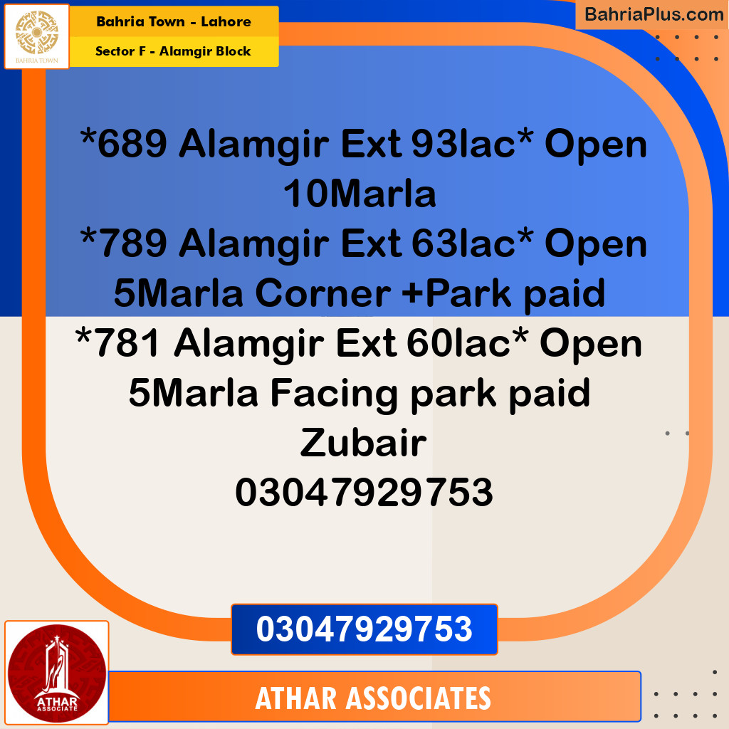 Residential Plot for Sale in Sector F - Alamgir Block -  Bahria Town, Lahore - (BP-165489)