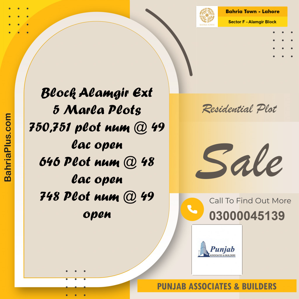 Residential Plot for Sale in Sector F - Alamgir Block -  Bahria Town, Lahore - (BP-165490)