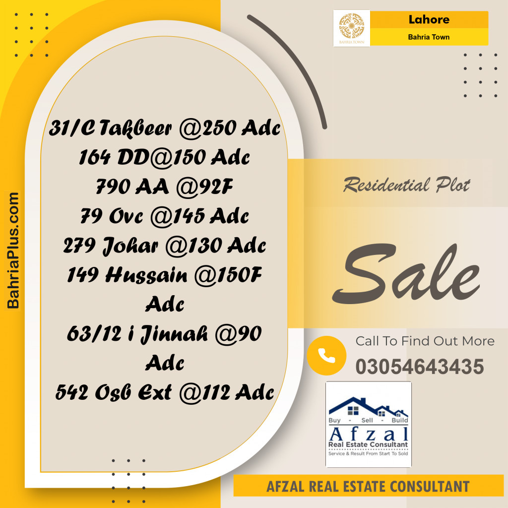 Residential Plot for Sale in Sector B - Takbeer Block -  Bahria Town, Lahore - (BP-165617)