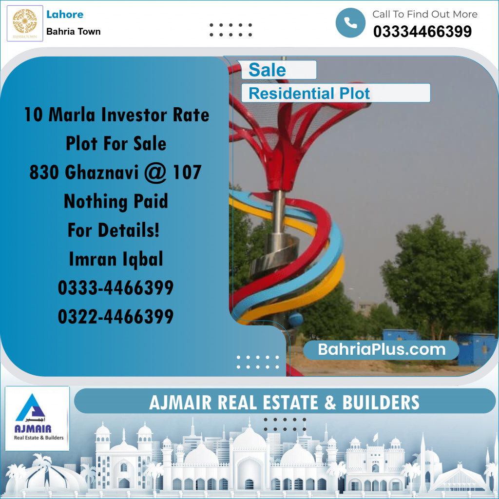 Residential Plot for Sale in Sector F - Ghaznavi Block -  Bahria Town, Lahore - (BP-165620)