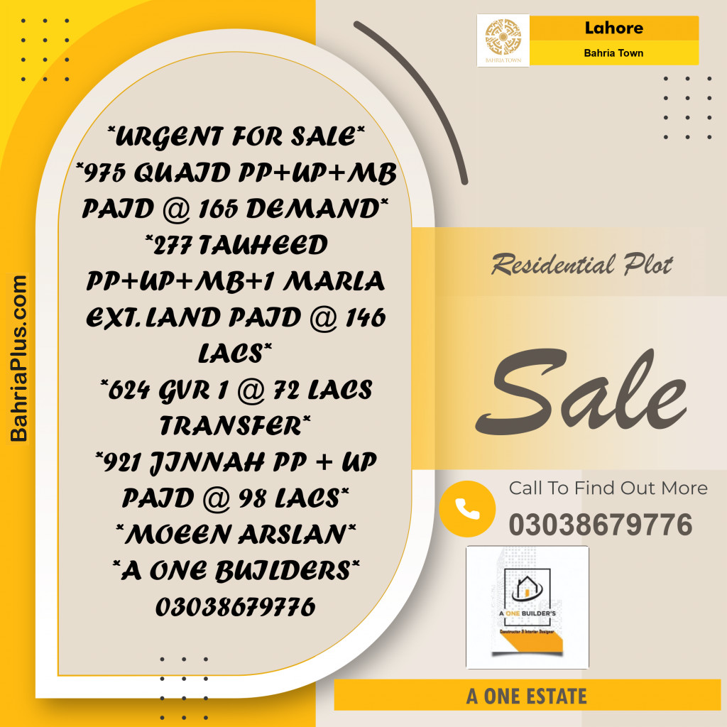 Residential Plot for Sale in Sector E - Quaid Block -  Bahria Town, Lahore - (BP-165918)