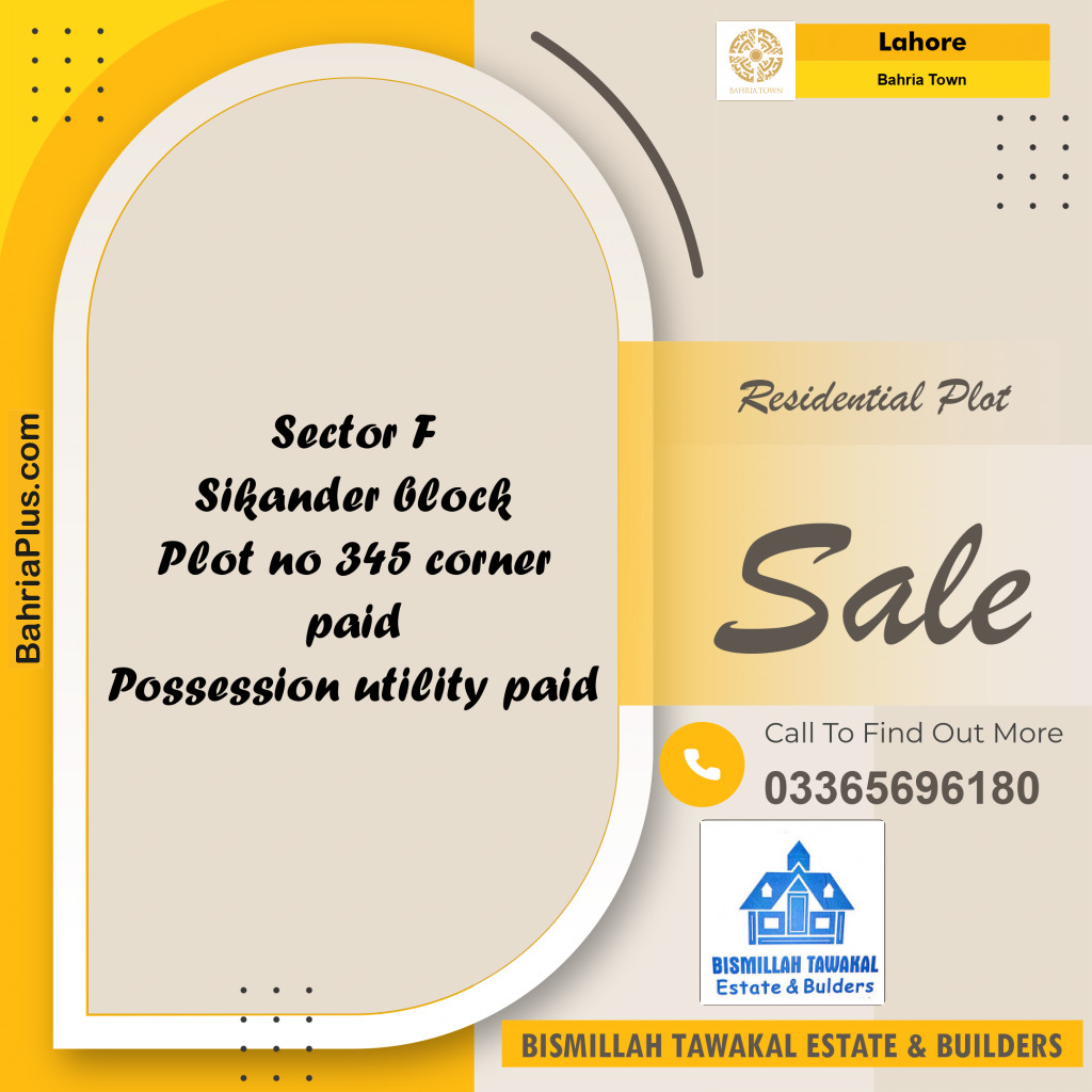 Residential Plot for Sale in Sector F - Sikander Block -  Bahria Town, Lahore - (BP-165984)