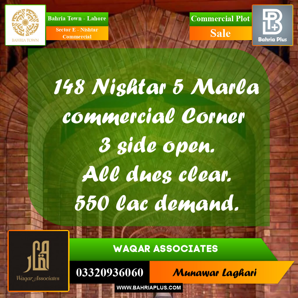 Commercial Plot for Sale in Sector E - Nishtar Commercial -  Bahria Town, Lahore - (BP-165986)