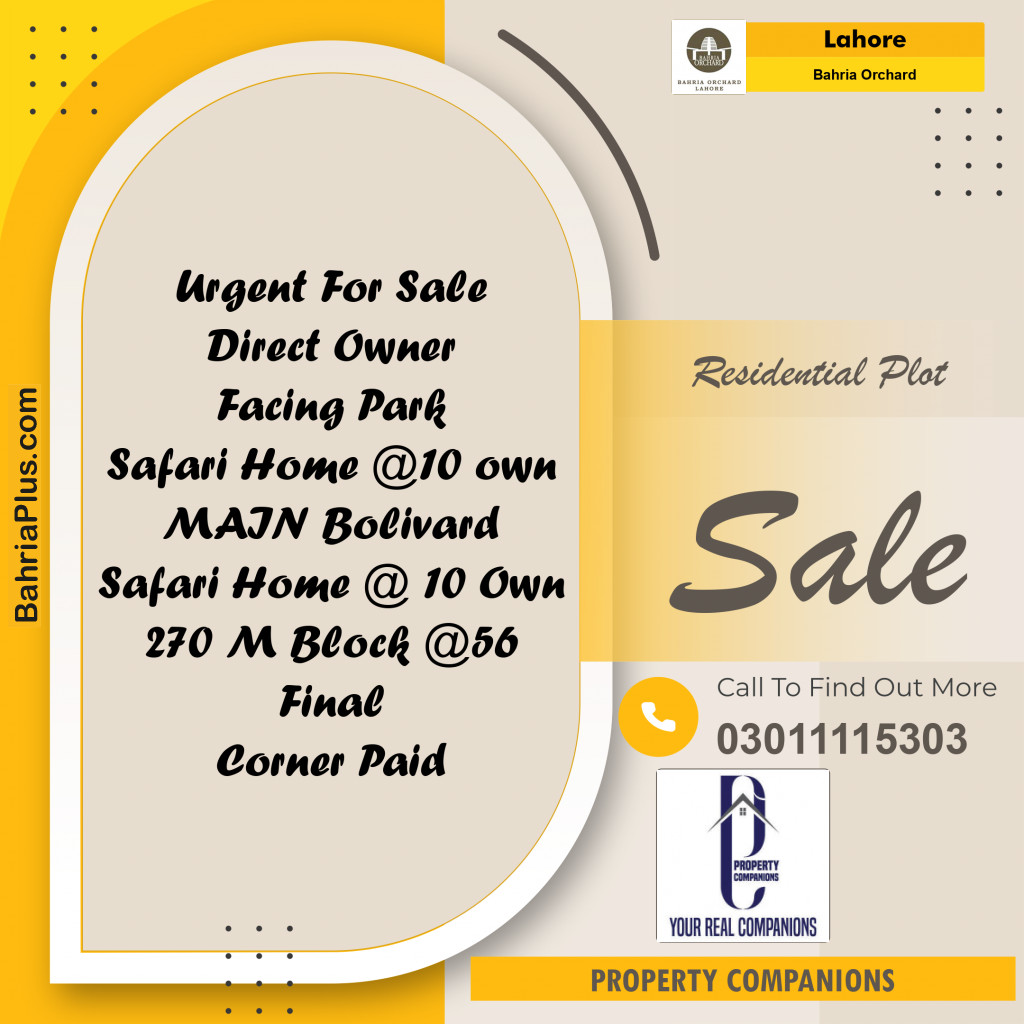 Residential Plot for Sale in Phase 4 - Safari Villas -  Bahria Orchard, Lahore - (BP-166022)