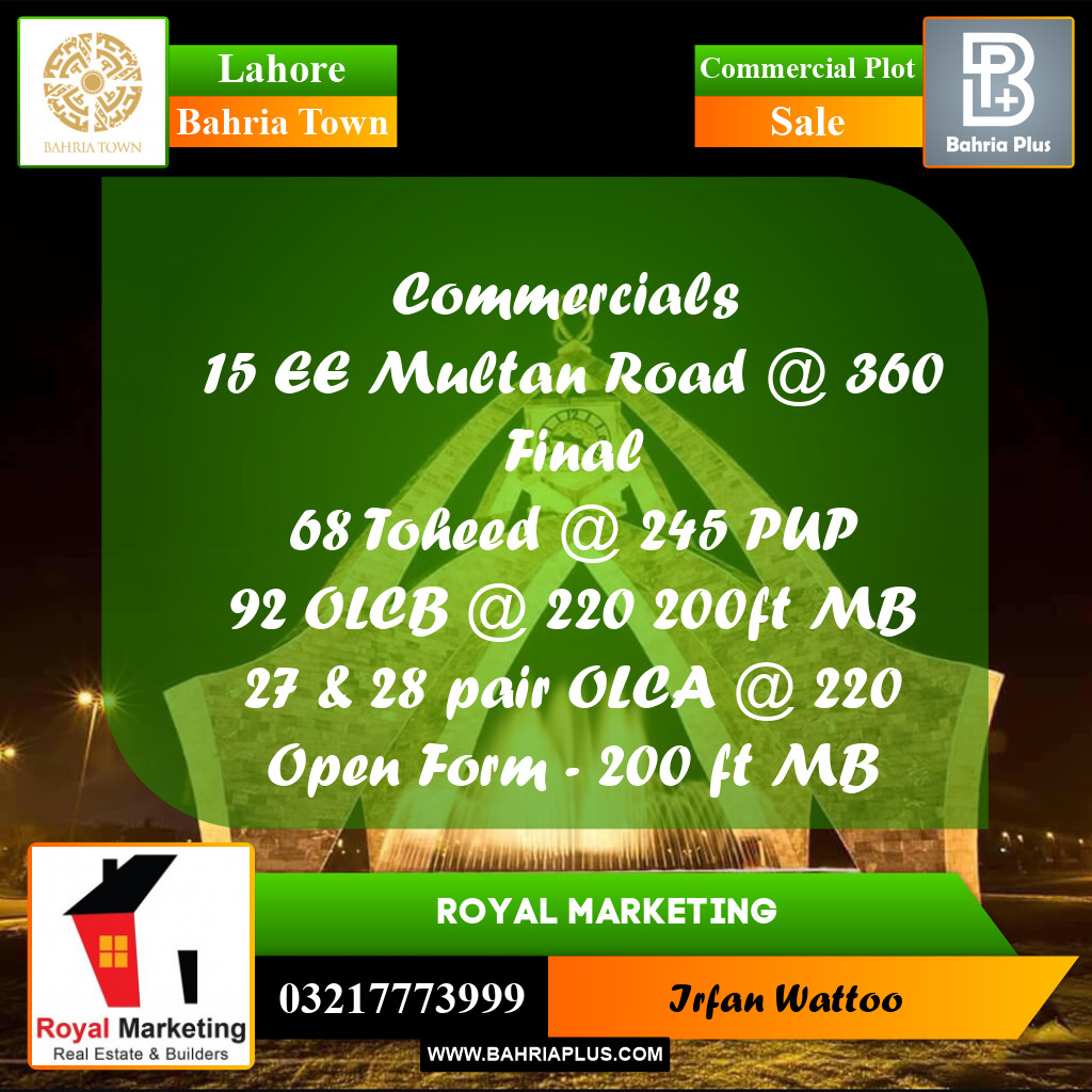 Commercial Plot for Sale in Sector D - EE Multan Block -  Bahria Town, Lahore - (BP-166283)