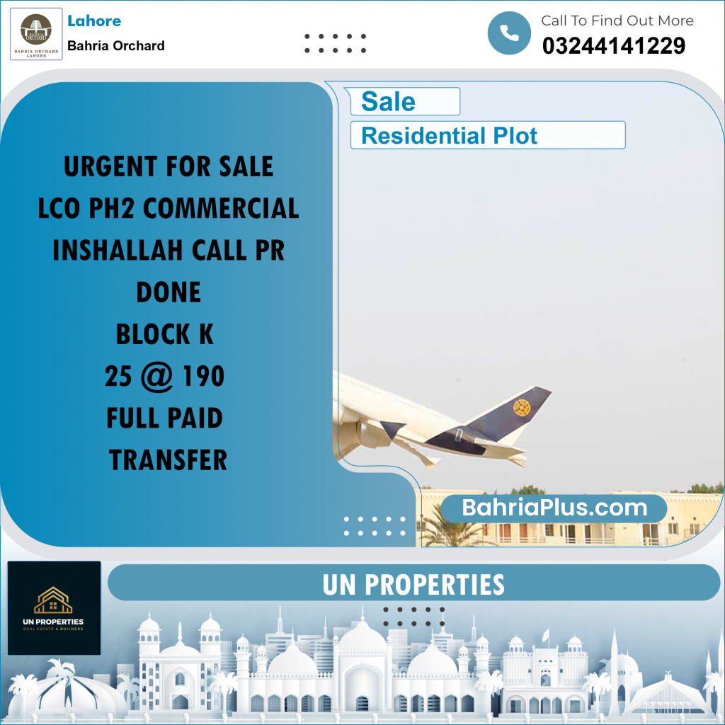 Residential Plot for Sale in Phase 2 - K Block Commercial -  Bahria Orchard, Lahore - (BP-166388)