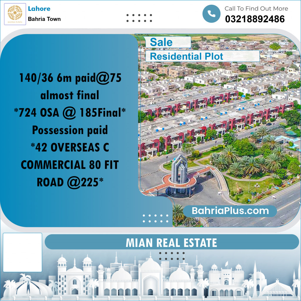 Residential Plot for Sale in Overseas A -  Bahria Town, Lahore - (BP-166538)