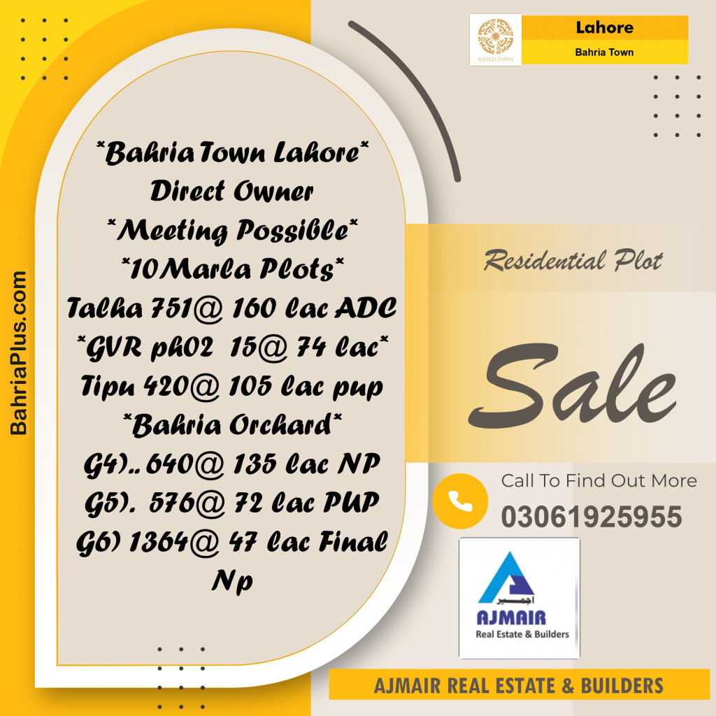 Residential Plot for Sale in Sector F - Talha Block -  Bahria Town, Lahore - (BP-166694)