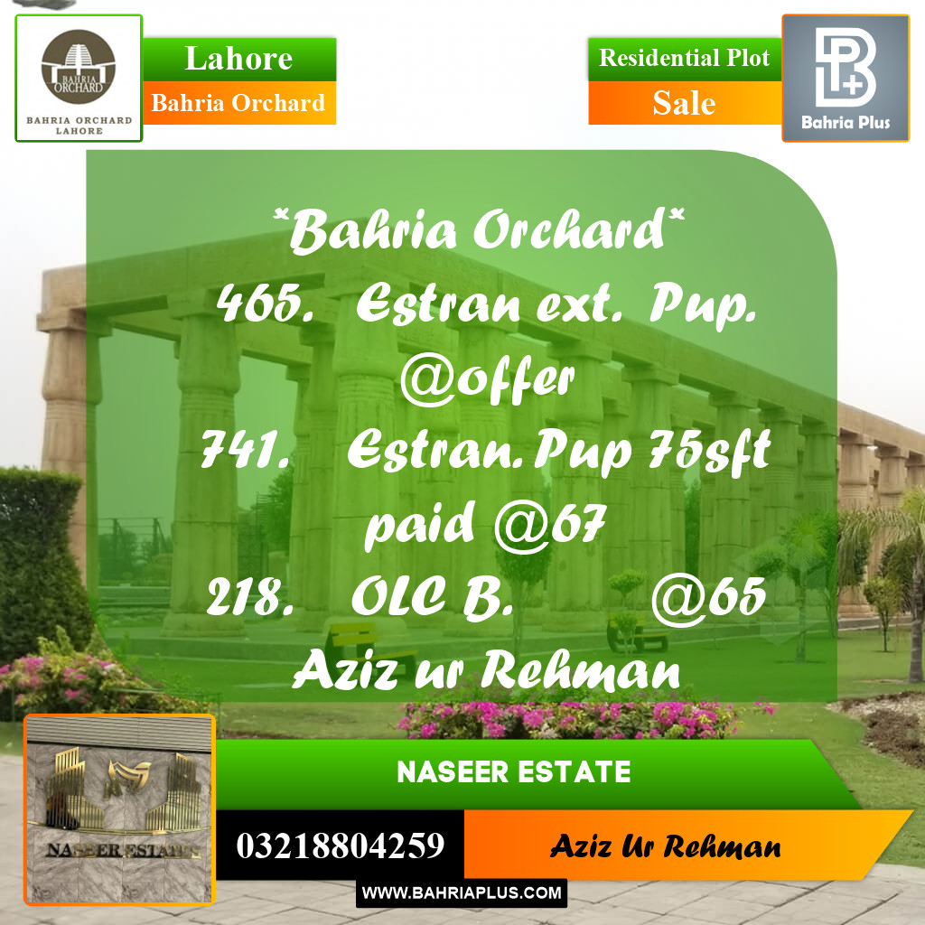 Residential Plot for Sale in Phase 1 - Eastern District Ext. I -  Bahria Orchard, Lahore - (BP-166810)
