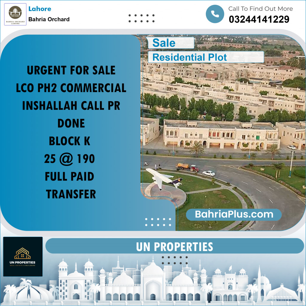 Residential Plot for Sale in Phase 2 - K Block -  Bahria Orchard, Lahore - (BP-167062)
