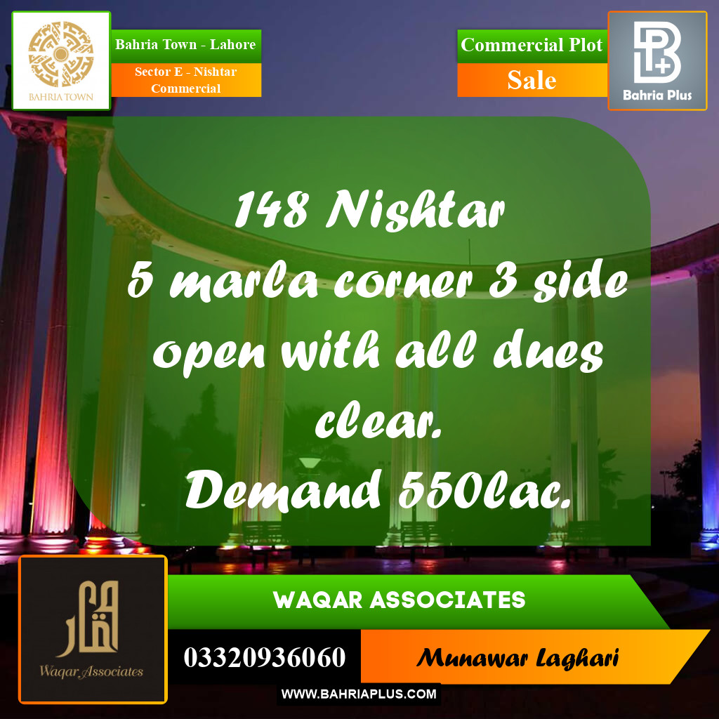 Commercial Plot for Sale in Sector E - Nishtar Commercial -  Bahria Town, Lahore - (BP-167402)