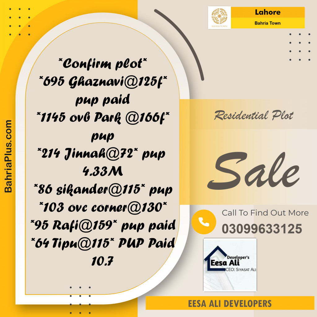 Residential Plot for Sale in Sector F - Ghaznavi Block -  Bahria Town, Lahore - (BP-167491)
