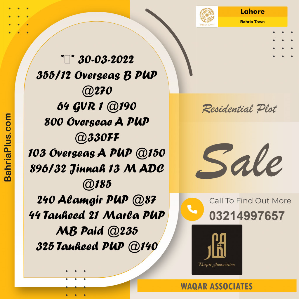 Residential Plot for Sale in Overseas B -  Bahria Town, Lahore - (BP-167519)