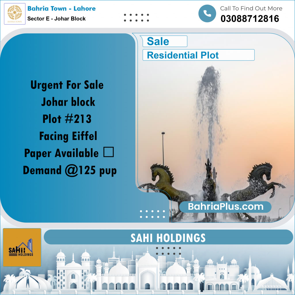 Residential Plot for Sale in Sector E - Johar Block -  Bahria Town, Lahore - (BP-167609)
