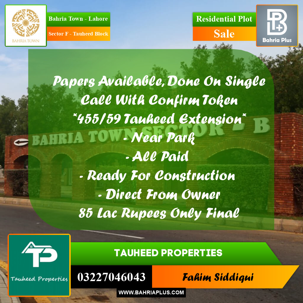 Residential Plot for Sale in Sector F - Tauheed Block -  Bahria Town, Lahore - (BP-167640)