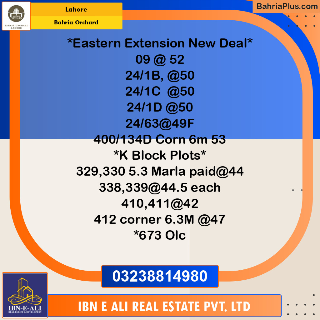 Residential Plot for Sale in Phase 1 - Eastern District Ext. II -  Bahria Orchard, Lahore - (BP-167831)