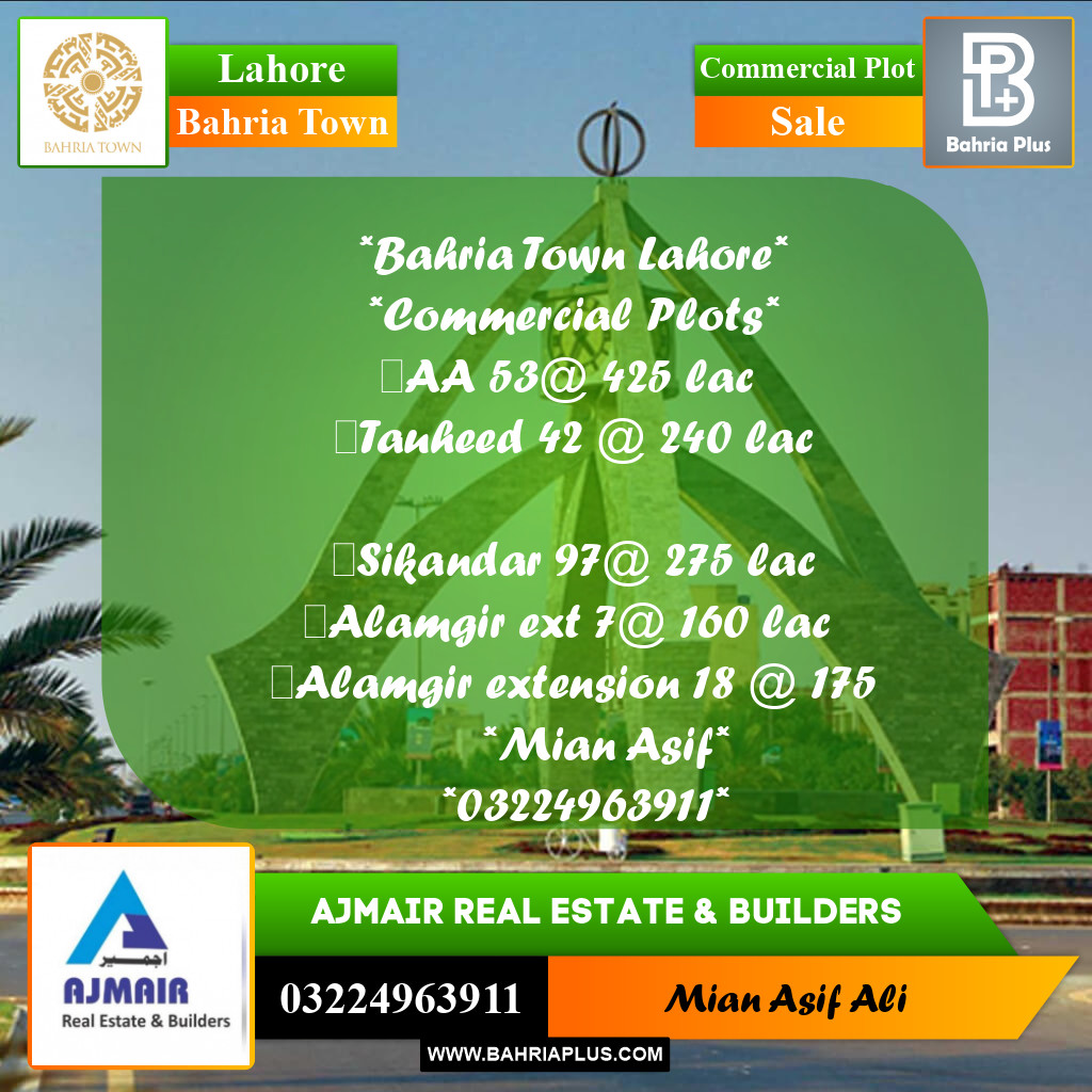 Commercial Plot for Sale in Sector D - AA Block -  Bahria Town, Lahore - (BP-167861)