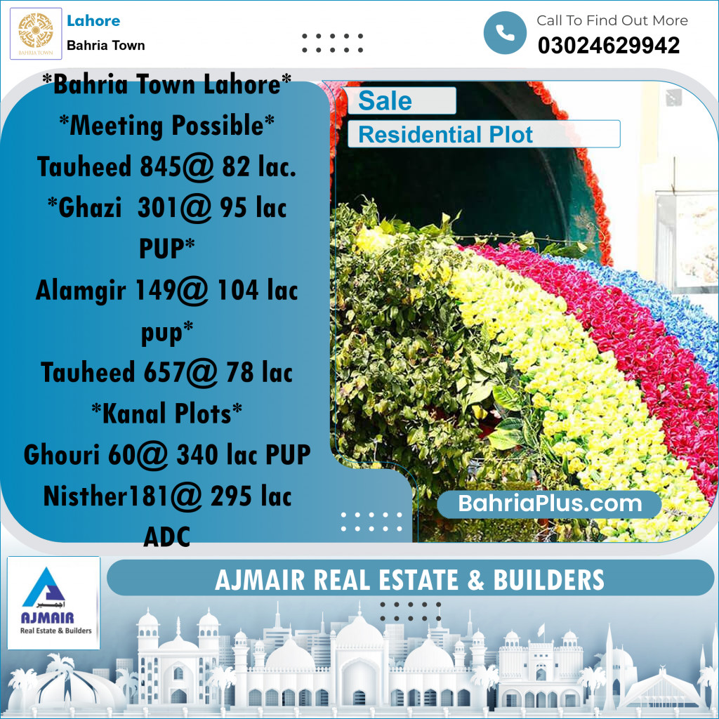 Residential Plot for Sale in Sector F - Tauheed Block -  Bahria Town, Lahore - (BP-167921)