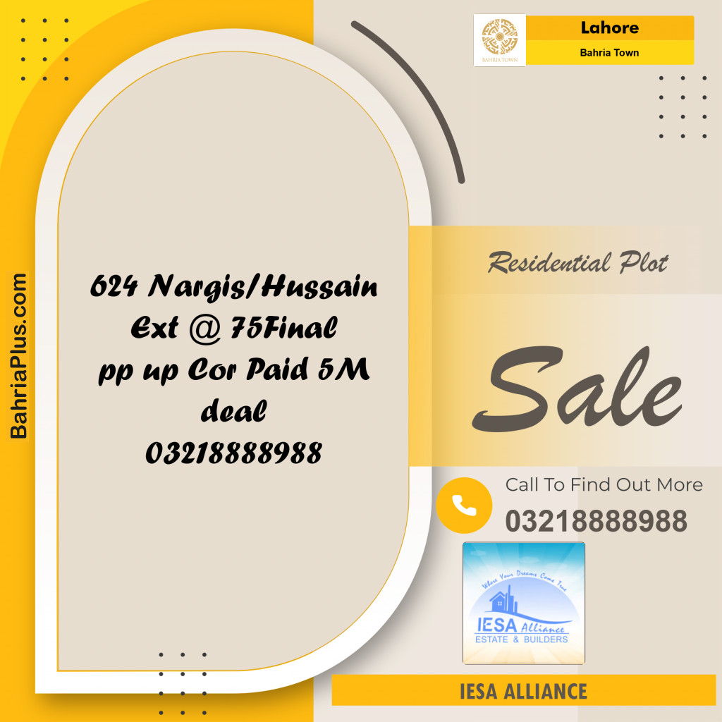 Residential Plot for Sale in Sector C - Nargis/Hussain Block -  Bahria Town, Lahore - (BP-168083)