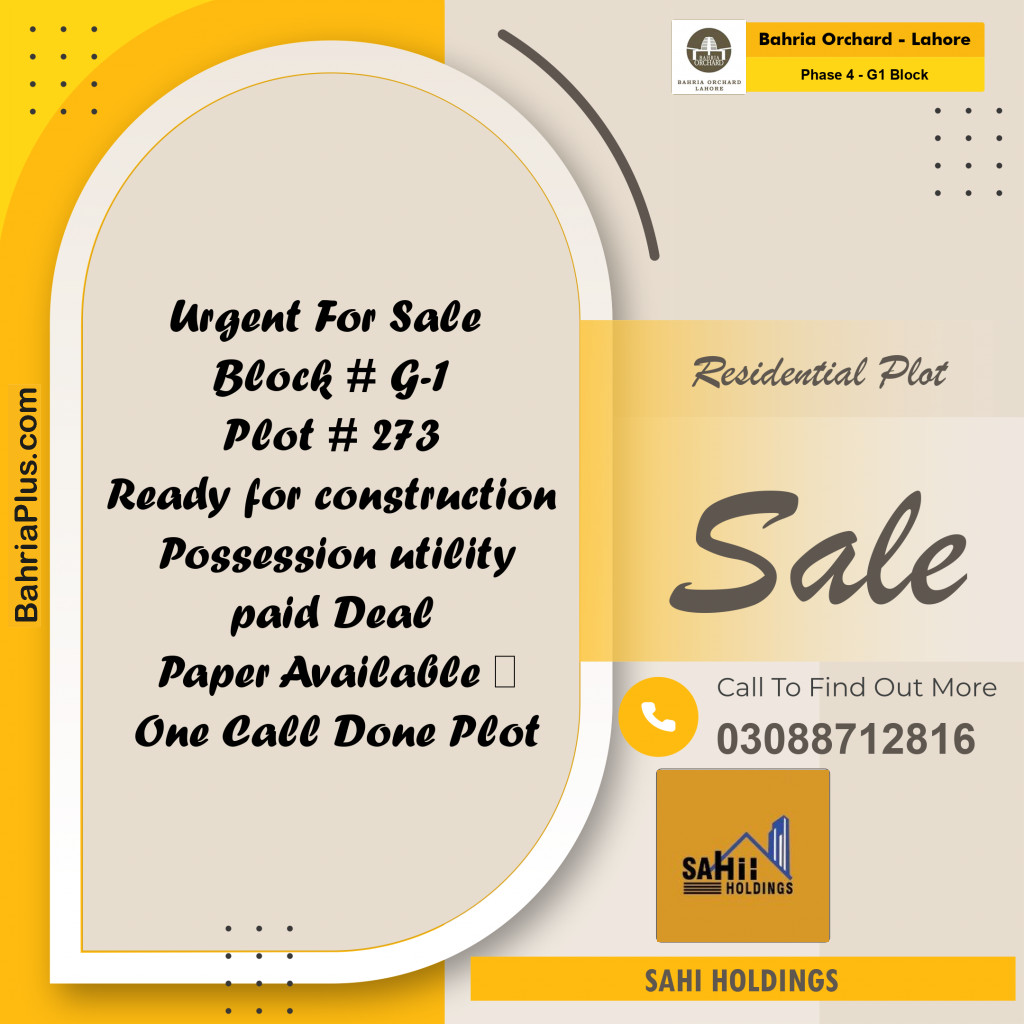 Residential Plot for Sale in Phase 4 - G1 Block -  Bahria Orchard, Lahore - (BP-168172)