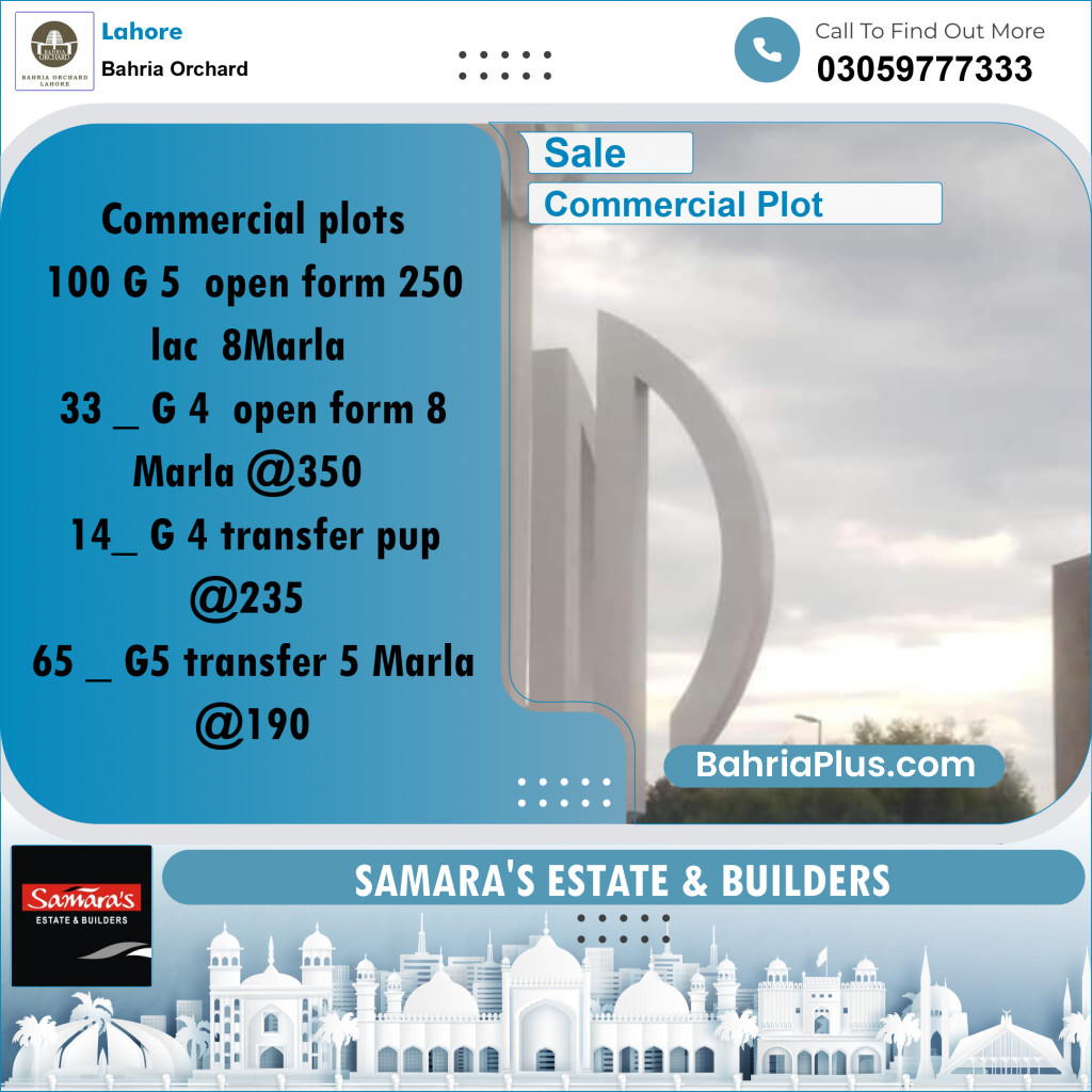 Commercial Plot for Sale in Phase 4 - G5 Block -  Bahria Orchard, Lahore - (BP-168476)