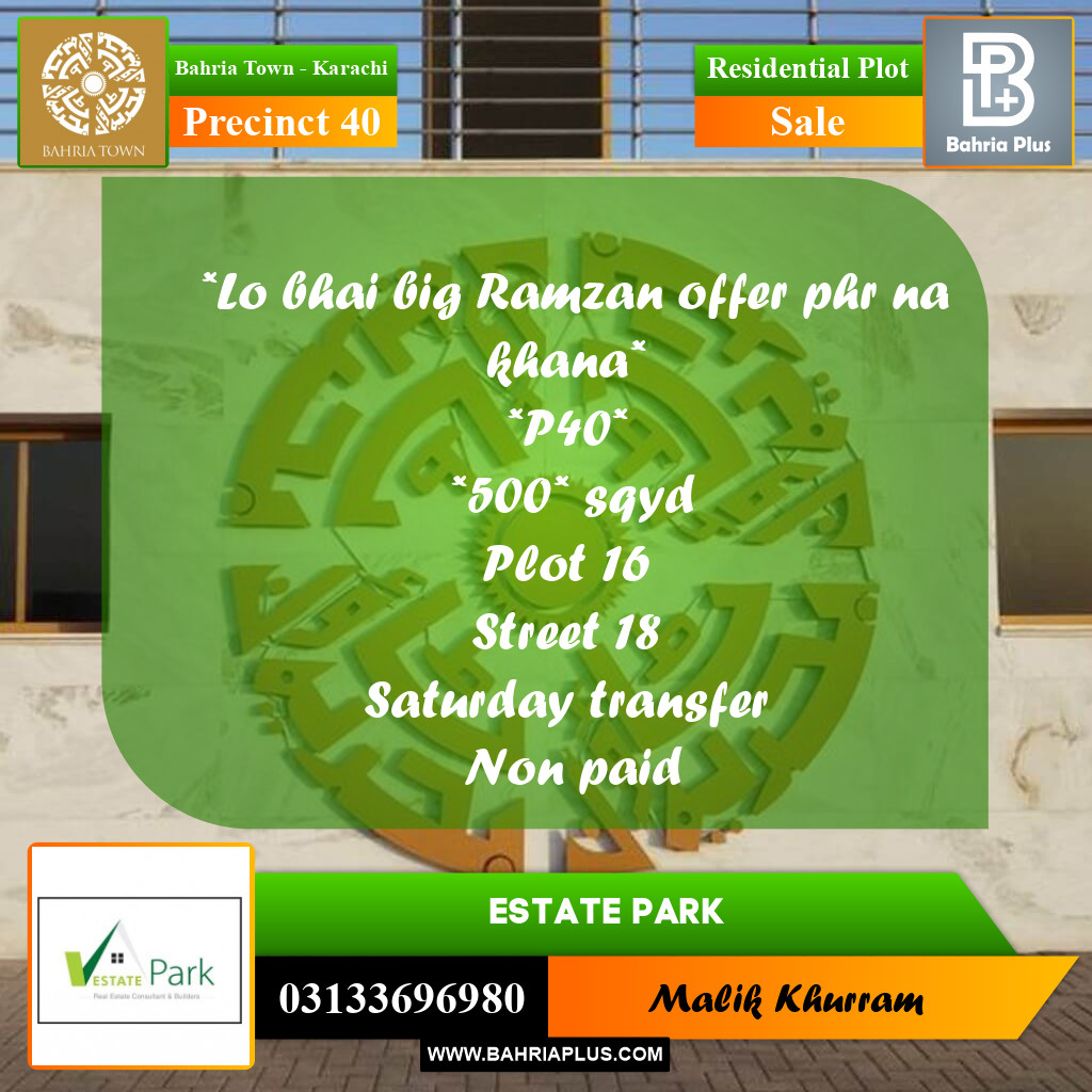 Residential Plot for Sale in Precinct 40 -  Bahria Town, Karachi - (BP-168544)