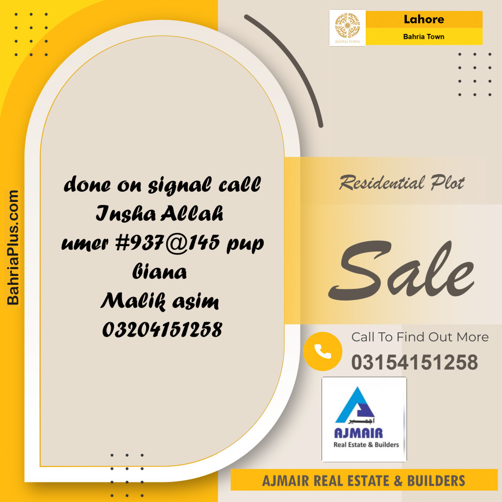 Residential Plot for Sale in Sector B - Umer Block -  Bahria Town, Lahore - (BP-168582)