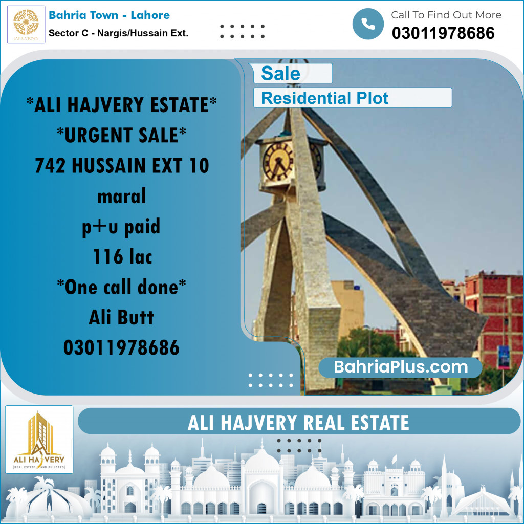 Residential Plot for Sale in Sector C - Nargis/Hussain Ext. -  Bahria Town, Lahore - (BP-168611)
