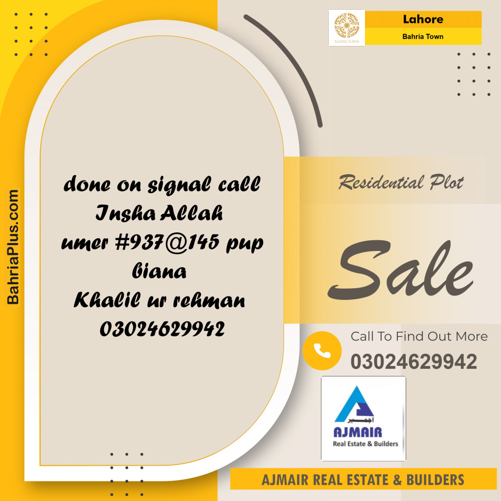 Residential Plot for Sale in Sector B - Umer Block -  Bahria Town, Lahore - (BP-168704)