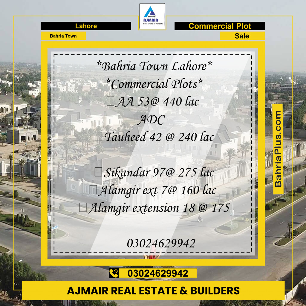 Commercial Plot for Sale in Sector F - Tauheed Block -  Bahria Town, Lahore - (BP-168707)