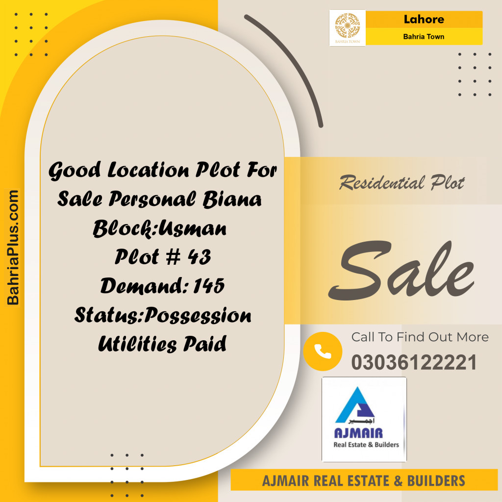 Residential Plot for Sale in Sector B - Usman Block -  Bahria Town, Lahore - (BP-168837)