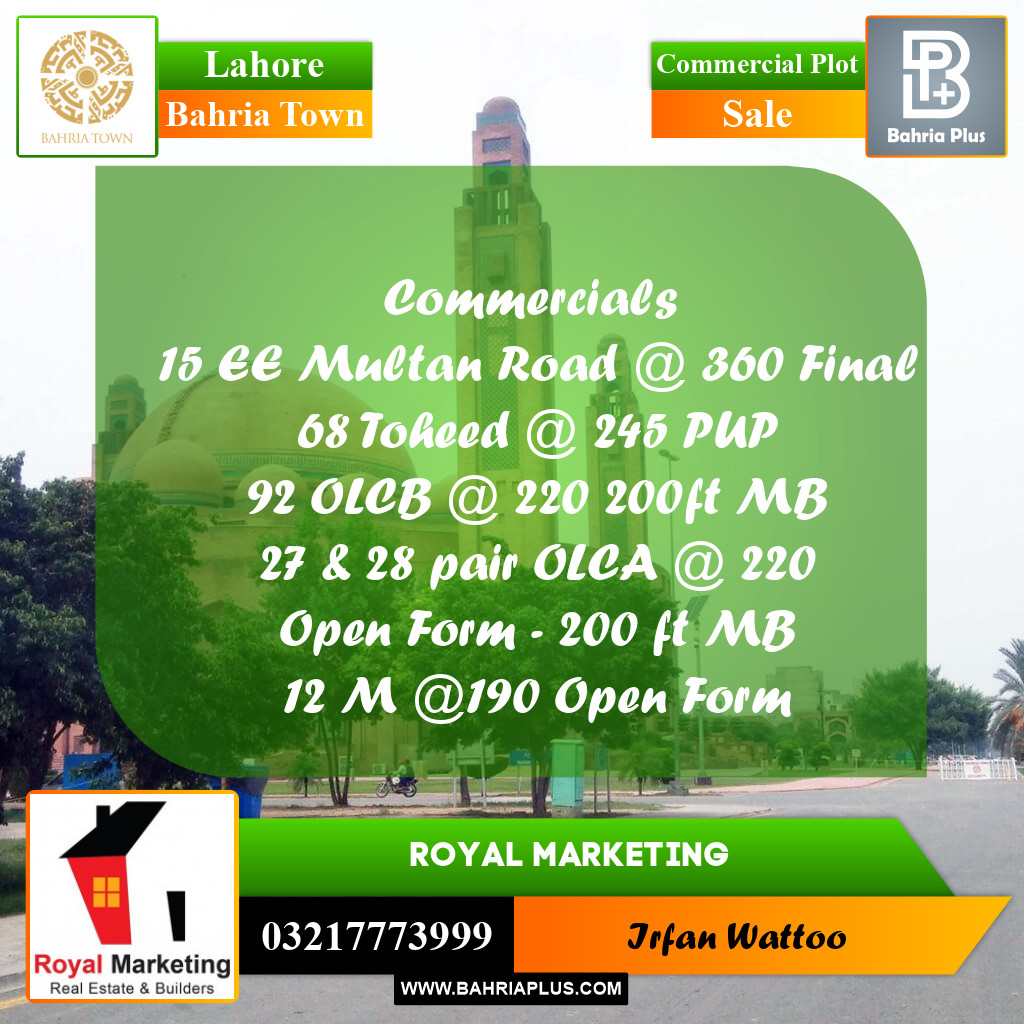 Commercial Plot for Sale in Sector D - EE Multan Block -  Bahria Town, Lahore - (BP-168895)