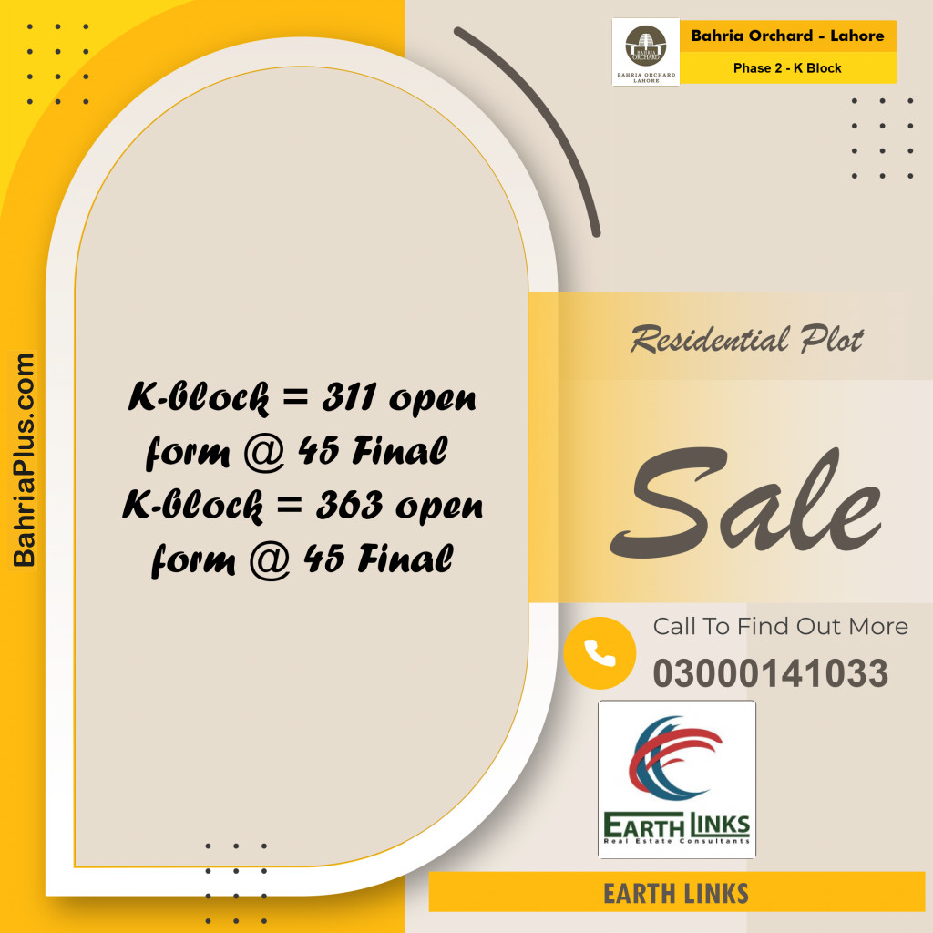 Residential Plot for Sale in Phase 2 - K Block -  Bahria Orchard, Lahore - (BP-168967)