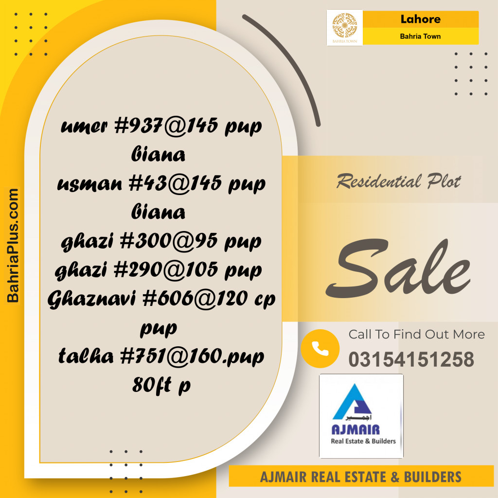 Residential Plot for Sale in Sector B - Umer Block - Bahria Town, Lahore - (BP-169481)