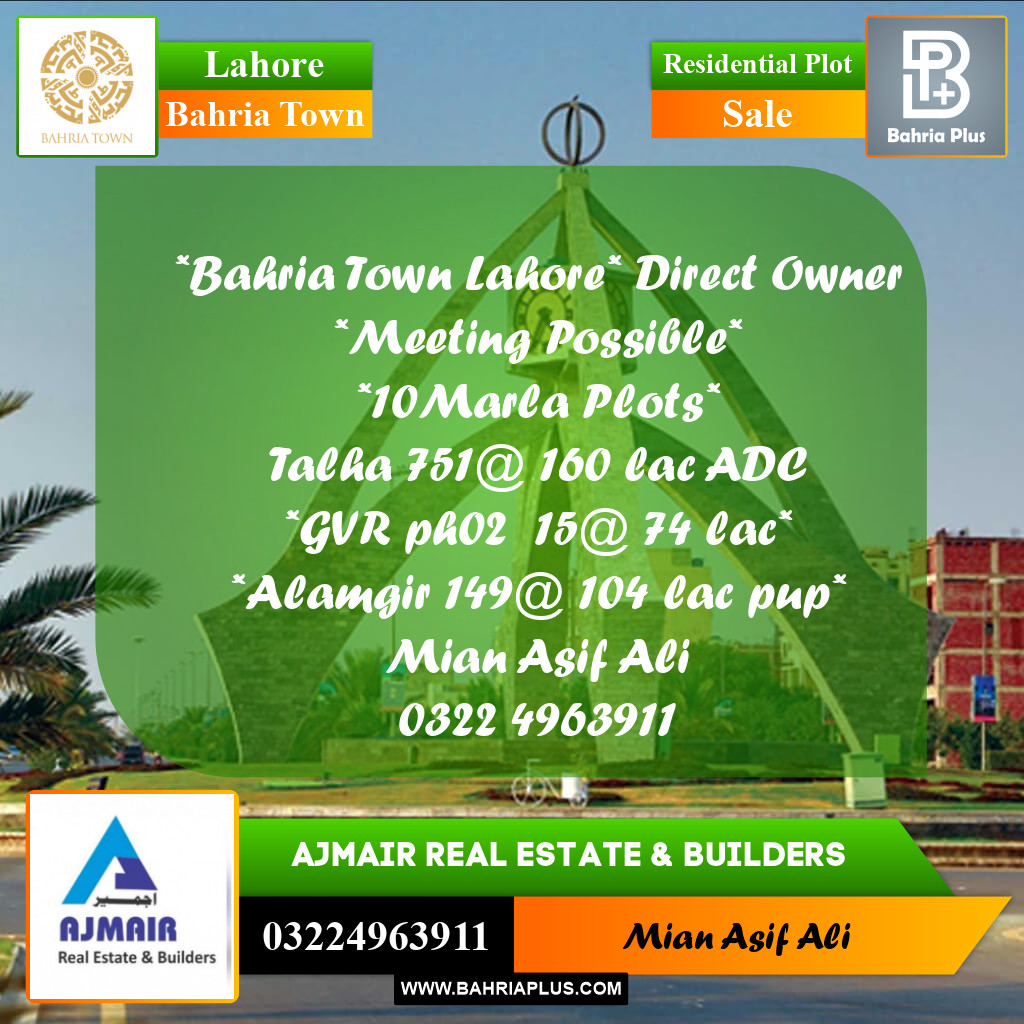 Residential Plot for Sale in Bahria Town, Lahore - (BP-169517)
