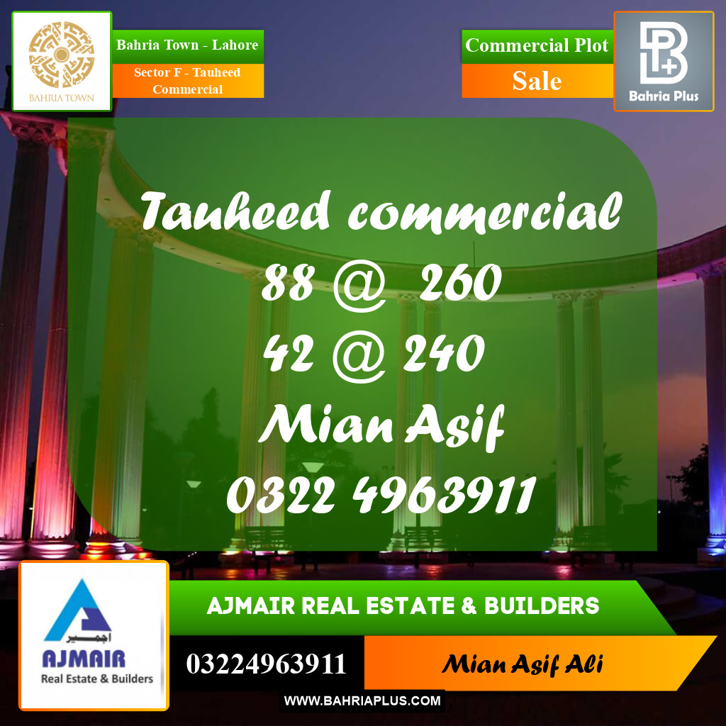 Commercial Plot for Sale in Sector F - Tauheed Commercial -  Bahria Town, Lahore - (BP-169529)