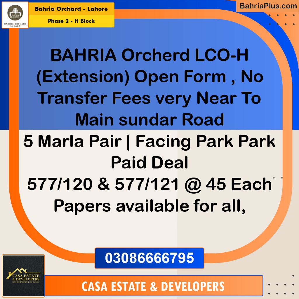 Residential Plot for Sale in Phase 2 - H Block -  Bahria Orchard, Lahore - (BP-169830)