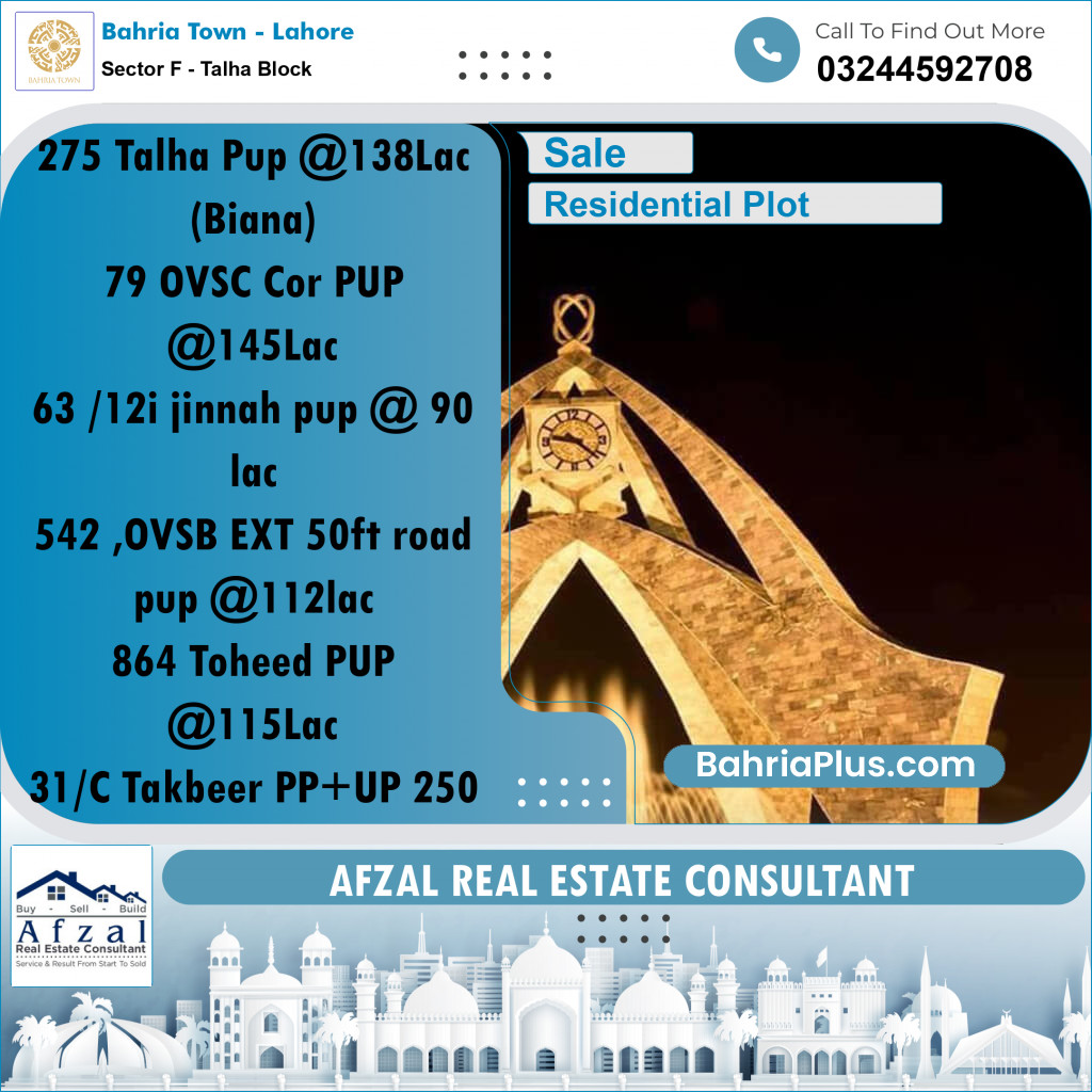 Residential Plot for Sale in Sector F - Talha Block - Bahria Town, Lahore - (BP-169902)
