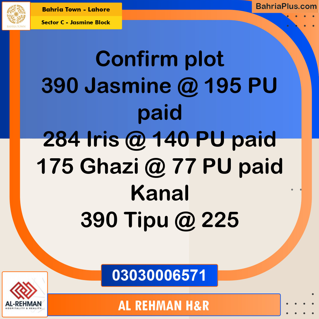 Residential Plot for Sale in Sector C - Jasmine Block -  Bahria Town, Lahore - (BP-170083)