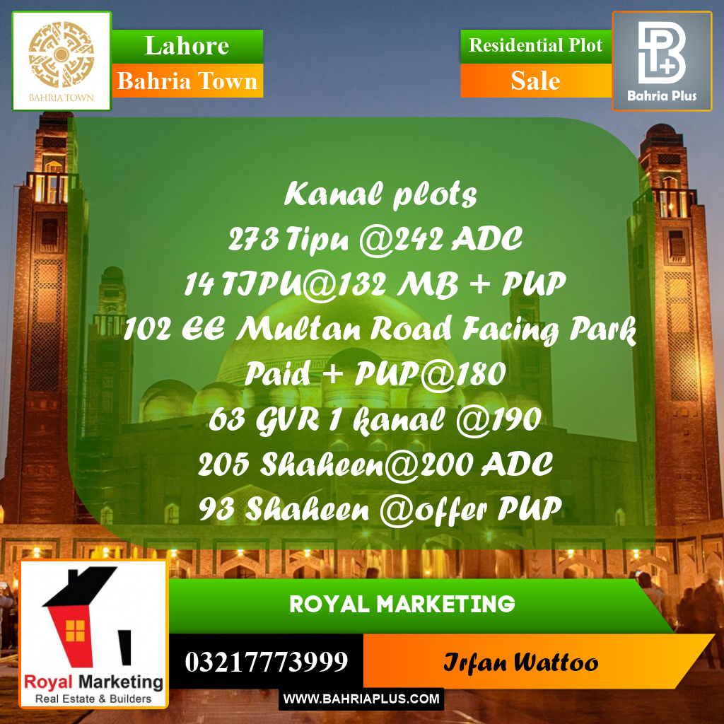 Residential Plot for Sale in Sector F - Tipu Sultan Block -  Bahria Town, Lahore - (BP-170098)